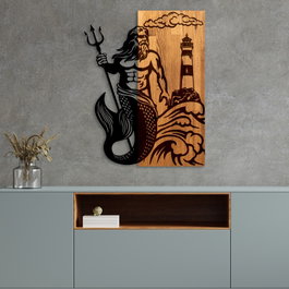Wallity Poseidon - Escultura de pared de madera y metal en nogal y negro
